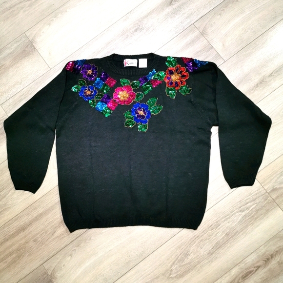 Vintage 80's Floral Embroidered Sequin Sweater - Picture 1 of 6